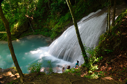 Devroe, our guide at the Blue Hole, leaps from a ledge into the turquoise water of the Blue Hole in Ocho Rios at the Jamaica port for Royal Caribbean's Navigator of the Seas on our Caribbean Cruise vacation