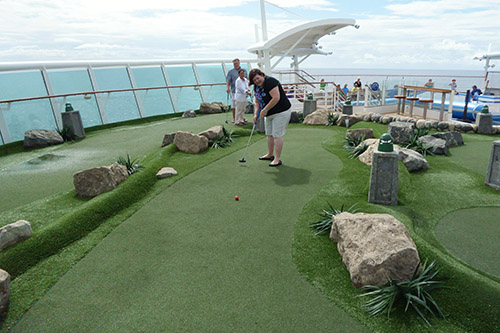 The mini golf course is actually very nice on Royal Caribbean's Navigator of the Seas on our Caribbean Cruise vacation. It's pretty tough for putt-putt golf though.